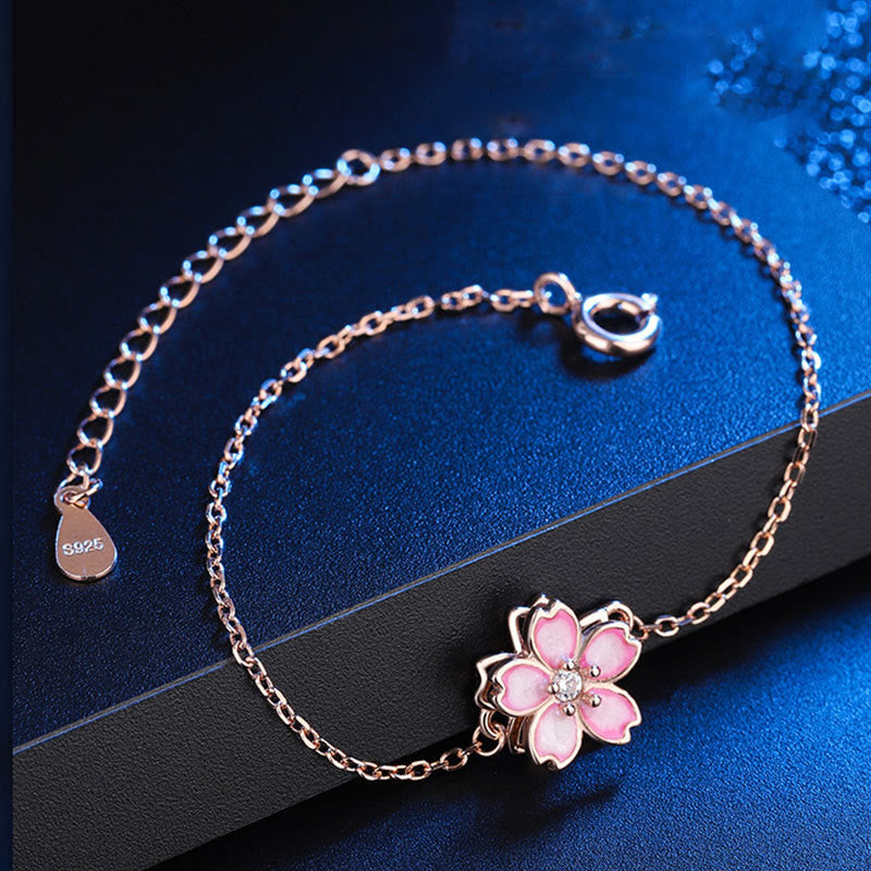 Buddha Stones 925 Sterling Silver Cherry Blossom Blessing Chain Bracelet Rotatable Ring