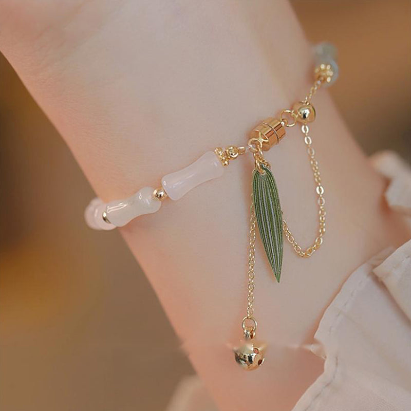 Buddha Stones 14K Gold Plated Hetian White Jade Bamboo Leaf Luck Protection Bracelet