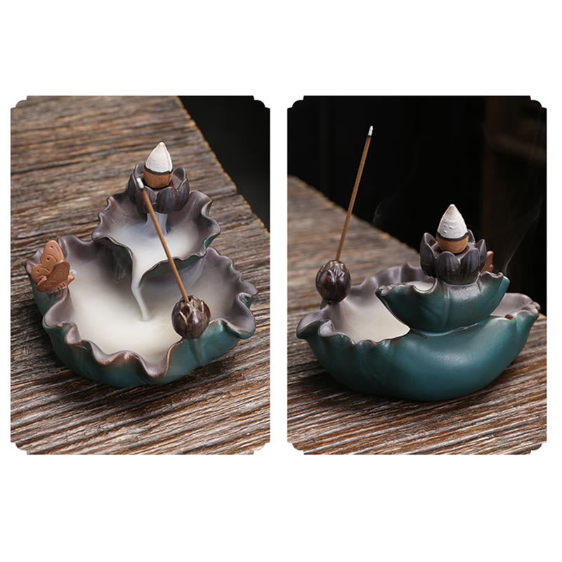 Buddha Stones Lotus Flower Leaf Frog Butterfly Pattern Healing Ceramic Incense Burner Decoration