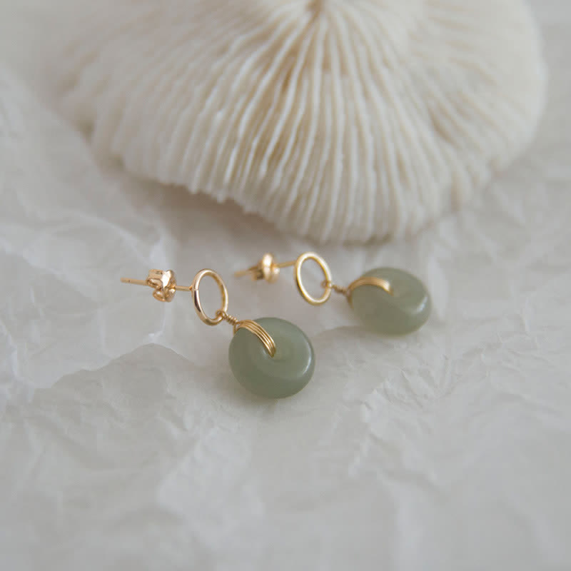 Round Jade Peace Buckle Luck Drop Earrings