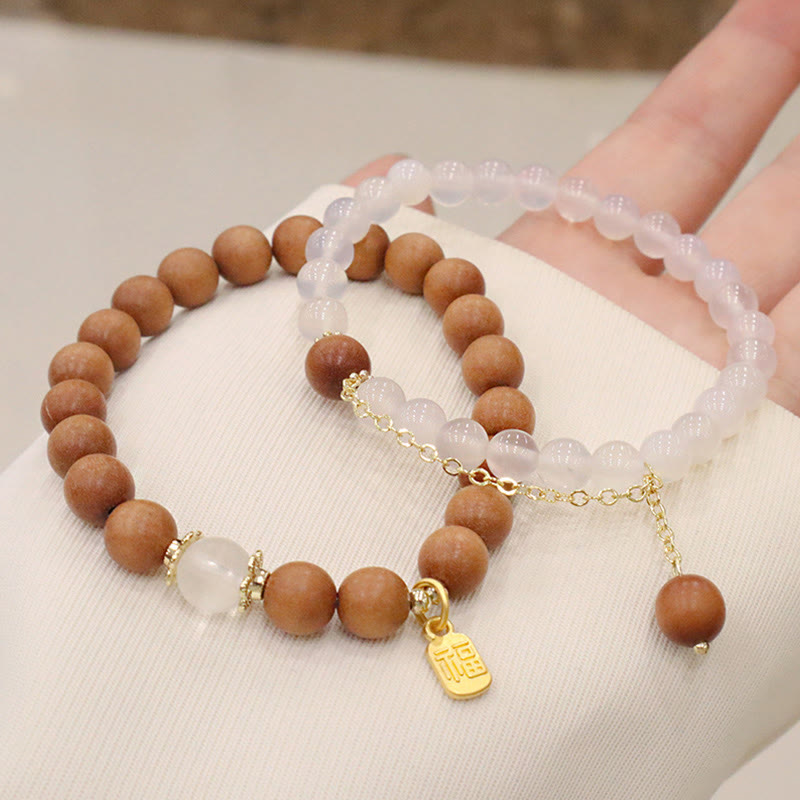 Buddha Stones Sandalwood Cat's Eye Fu Character Charm Protection Bracelet