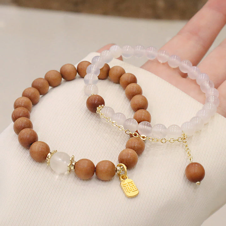 Buddha Stones Sandalwood Cat's Eye Fu Character Charm Protection Bracelet