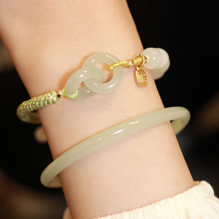 Buddha Stones Natural Hetian Jade Bead Double Peace Buckle Fu Character Abundance Braided Bracelet