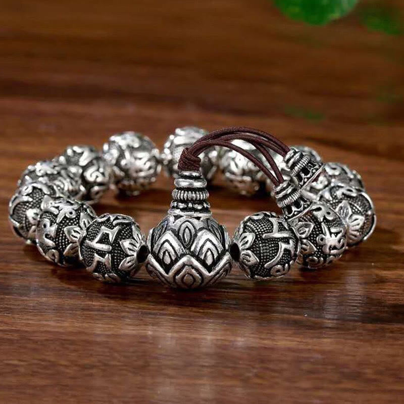 Buddha Stones Tibetan Om Mani Padme Hum Carved Alloy Beads Amulet Bracelet