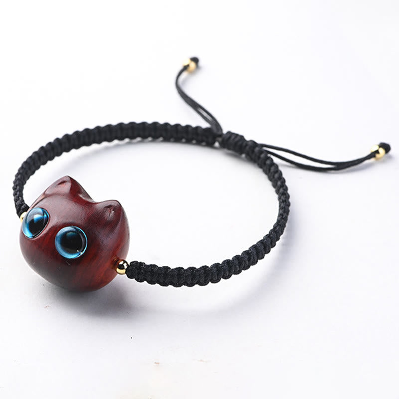 Buddha Stones Small Leaf Red Sandalwood Ebony Wood Cute Cat Head Calm Protection Braided Bracelet