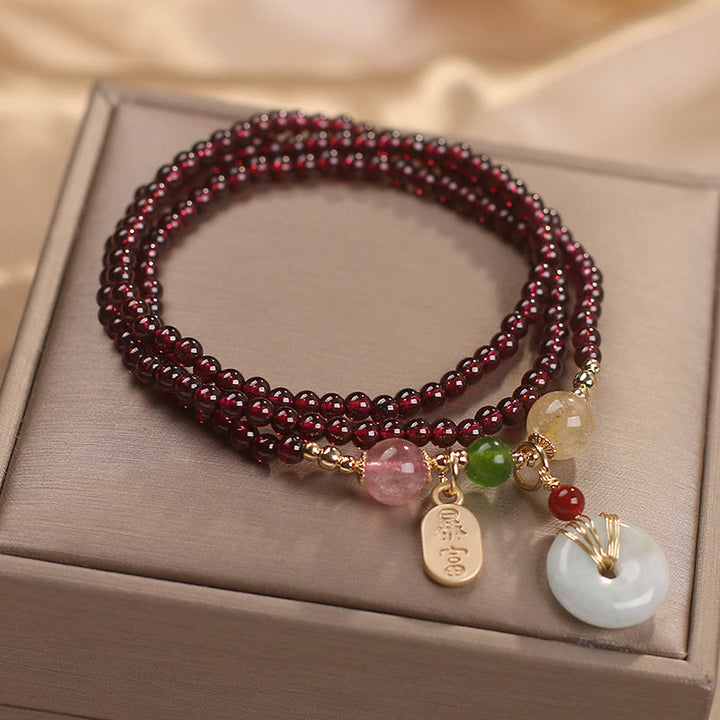 Buddha Stones Natural Garnet Strawberry Quartz Crystal Fox Koi Fish Peace Buckle Fortune Protection Triple Wrap Bracelet