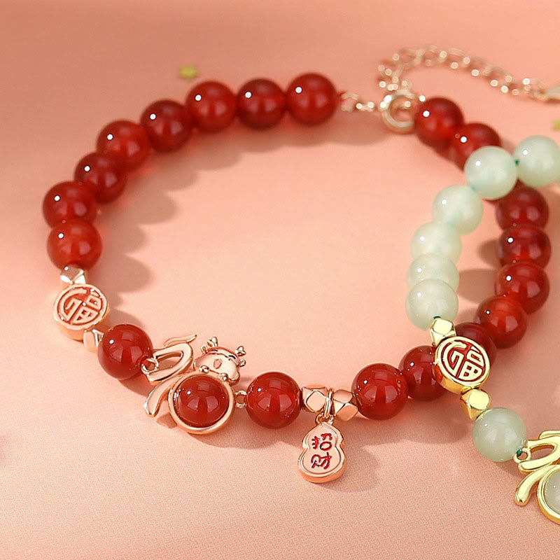 Buddha Stones 925 Sterling Silver Year of the Dragon Natural Red Agate Hetian Jade Fu Character Luck Gourd Bracelet