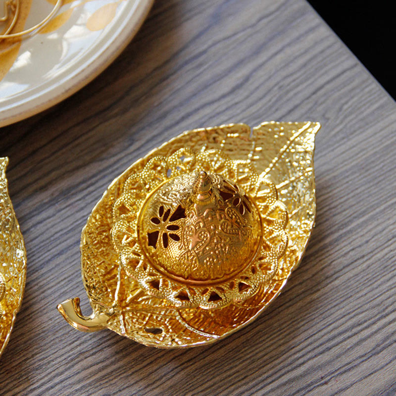 Tibetan Gold Mini Leaf Coaster Meditation Incense Burner