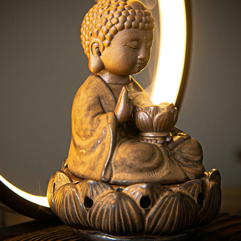 Buddha Stones Buddha Lotus Backflow Smoke Fountain Ceramic Blessing Incense Burner With Light Decoration