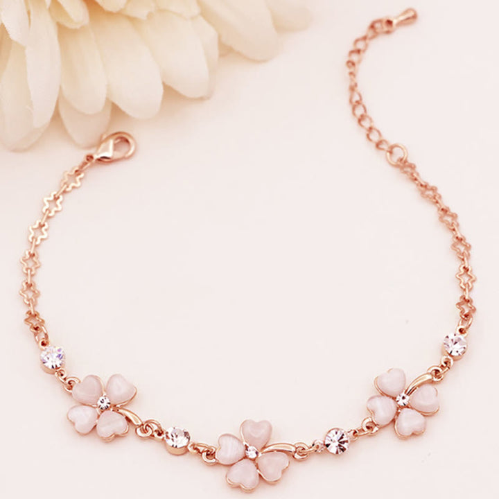 Buddha Stones Pink Crystal Four Leaf Clover Love Chain Bracelet