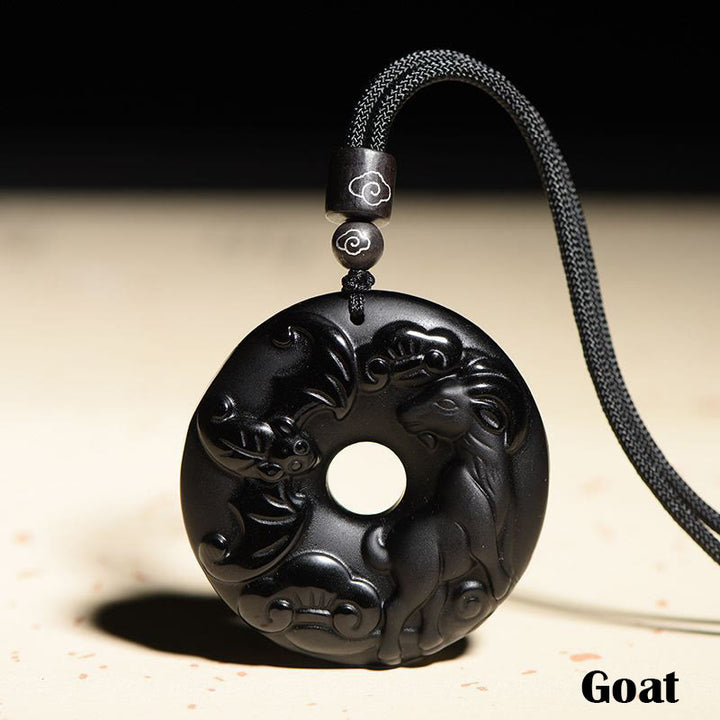 Buddha Stones Chinese Zodiac Natural Black Obsidian Peace Buckle Strength Necklace Pendant