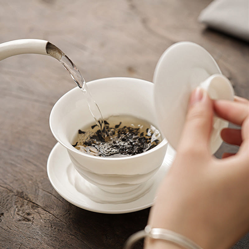 Buddha Stones Vintage Ink Painting Mountain White Porcelain Ceramic Gaiwan Sancai Teacup Kung Fu Tea Cup And Saucer With Lid Tea Utensil Teapot