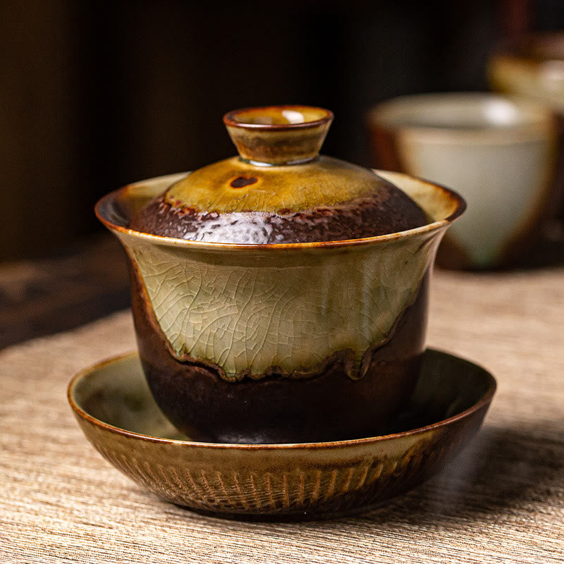 Buddha Stones Vintage Brown Kiln Change Design Porcelain Ceramic Gaiwan Sancai Teacup Kung Fu Tea Cup And Saucer With Lid