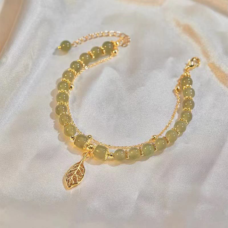 Buddha Stones Jade Leaf Ginkgo Tulip Peanut Fu Character Luck Beaded Bracelet