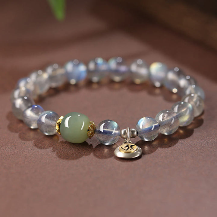 Buddha Stones Chinese Zodiac Natal Buddha 925 Sterling Silver Natural Moonstone Hetian Jade Positive Bracelet