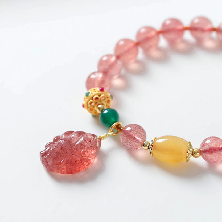 Buddha Stones Natural Strawberry Quartz Nine-Tailed Fox Healing Bracelet