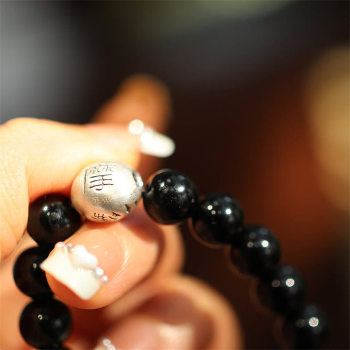 Buddha Stones 925 Sterling Silver Black Onyx Bead Character Engraved Protection Bracelet