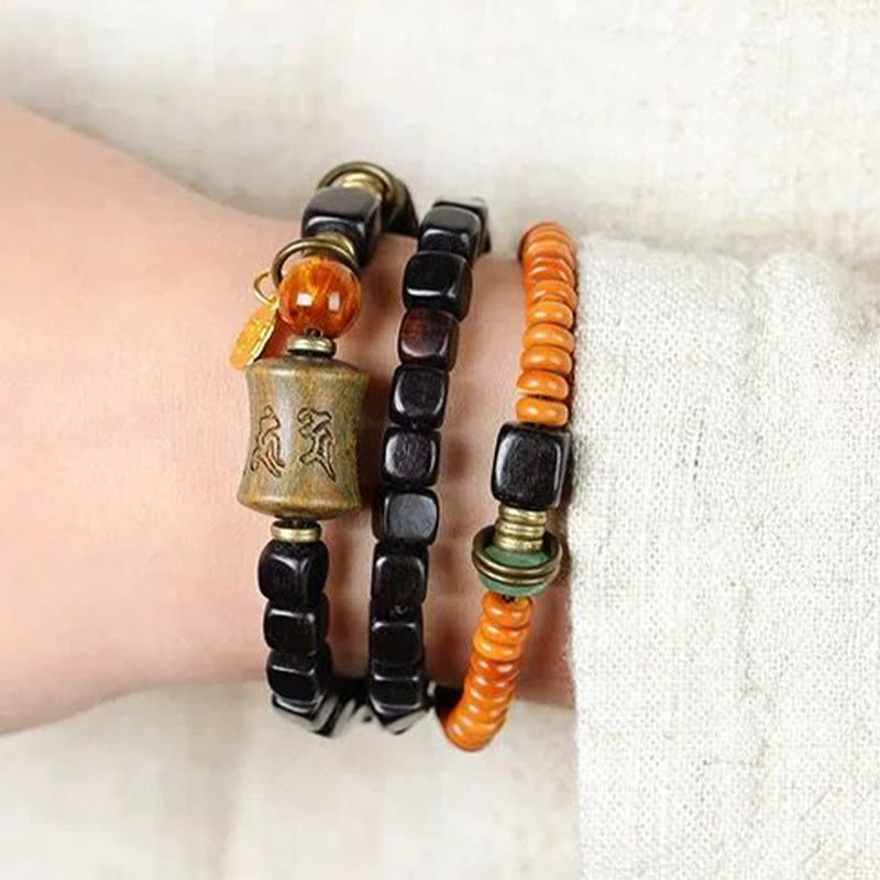 Buddha Stones Green Sandalwood Ebony Om Mani Padme Hum Engraved Peace Triple Wrap Bracelet