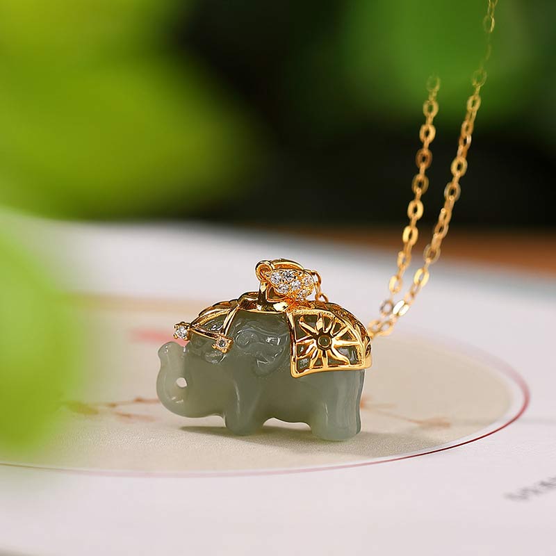 Buddha Stones 925 Sterling Silver Jade Elephant Blessing Fortune Necklace Chain Pendant