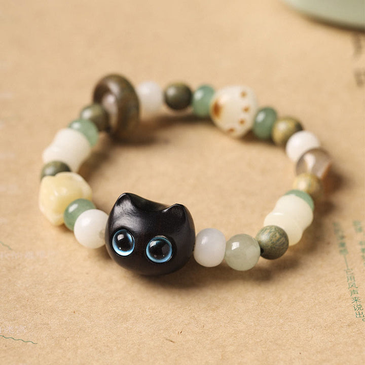 Buddha Stones Bodhi Seed Green Sandalwood Ebony Wood Small Leaf Red Sandalwood Cat Head Paw Claw Peace Bracelet