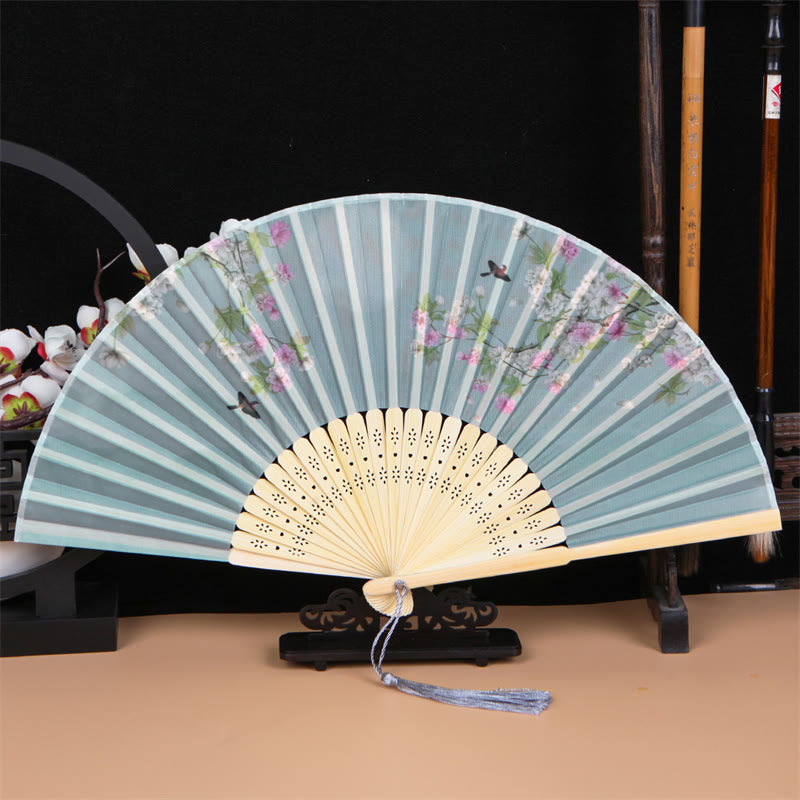 Buddha Stones Classic Birds Singing Flowers Handheld Bamboo Folding Fan