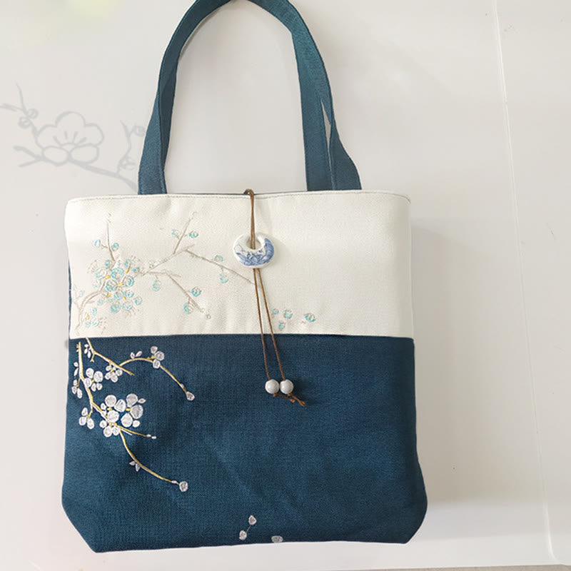 Pear Flower Plum Peach Blossom Bamboo Embroidery Canvas Large Capacity Shoulder Bag Tote Bag