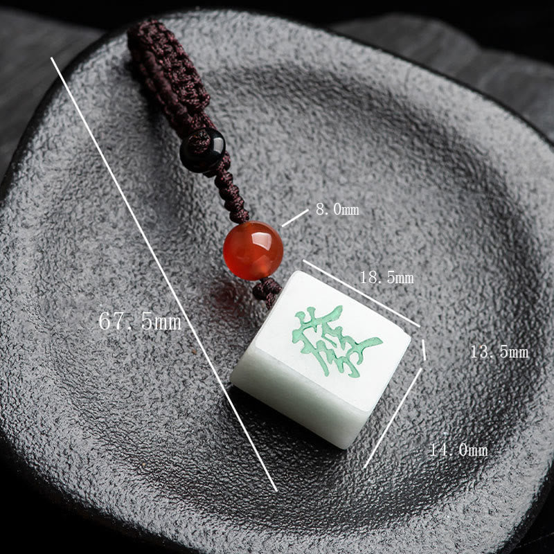 Buddha Stones Natural Jade Mahjong Fa Character Wealth Prosperity Phone Hanging Key Chain Decoration