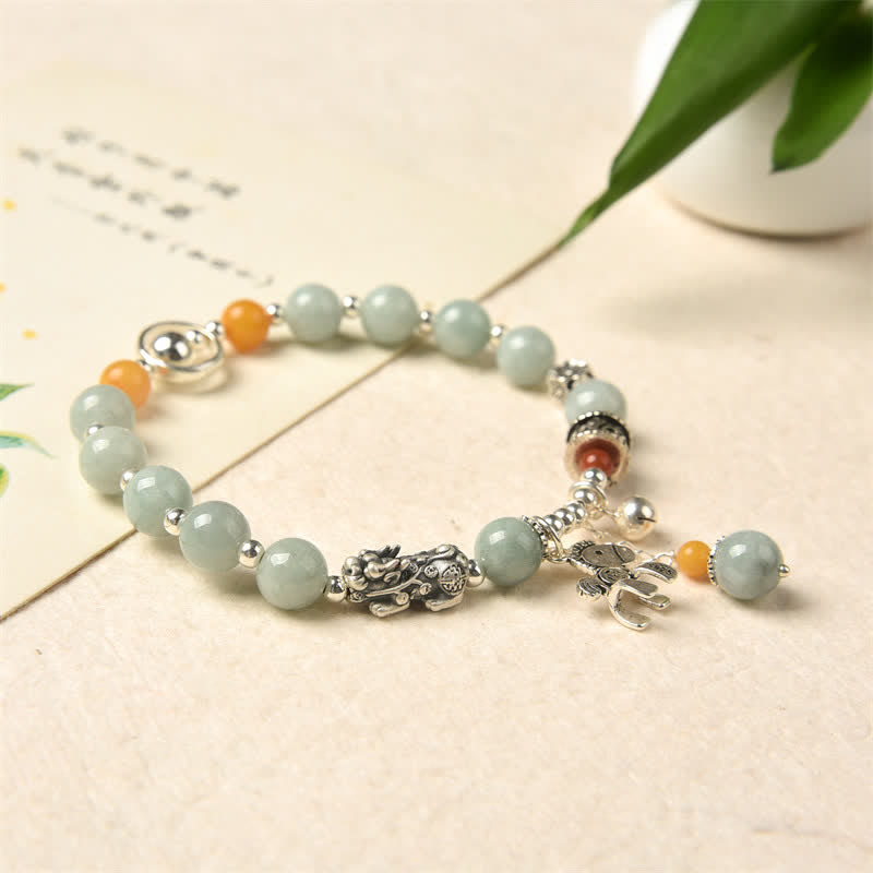 925 Sterling Silver Natural Jade Amber PiXiu Pony Success Bracelet