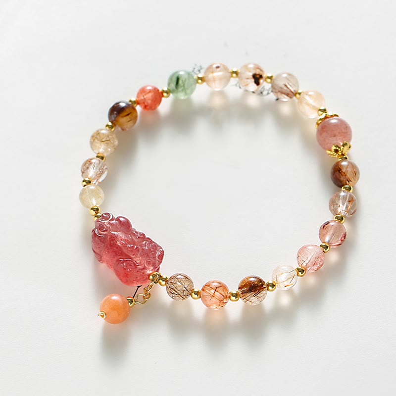 Buddha Stones Natural Rutilated Quartz Strawberry Quartz PiXiu Wealth Bracelet