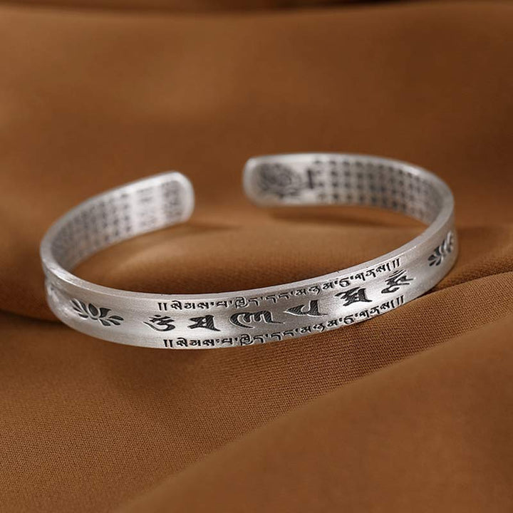 Buddha Stones 999 Sterling Silver Om Mani Padme Hum Lotus Wisdom Bracelet Bangle