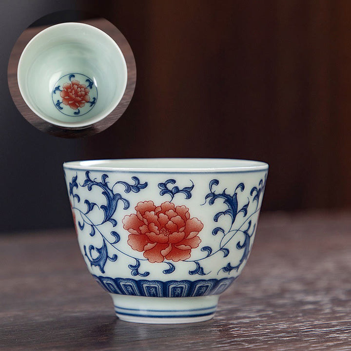 Buddha Stones Blue Landscape Mountains Lotus Cute Cat Pavilions Magnolia Reed Egrets Ceramic Teacup Small Kung Fu Tea Cup