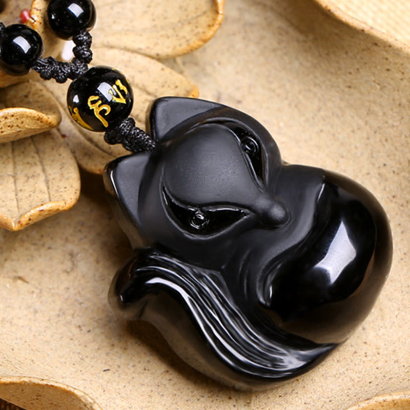 Buddha Stones Natural Black Obsidian Tiger Eye Ice Obsidian Fox Pendant Amulet Necklace