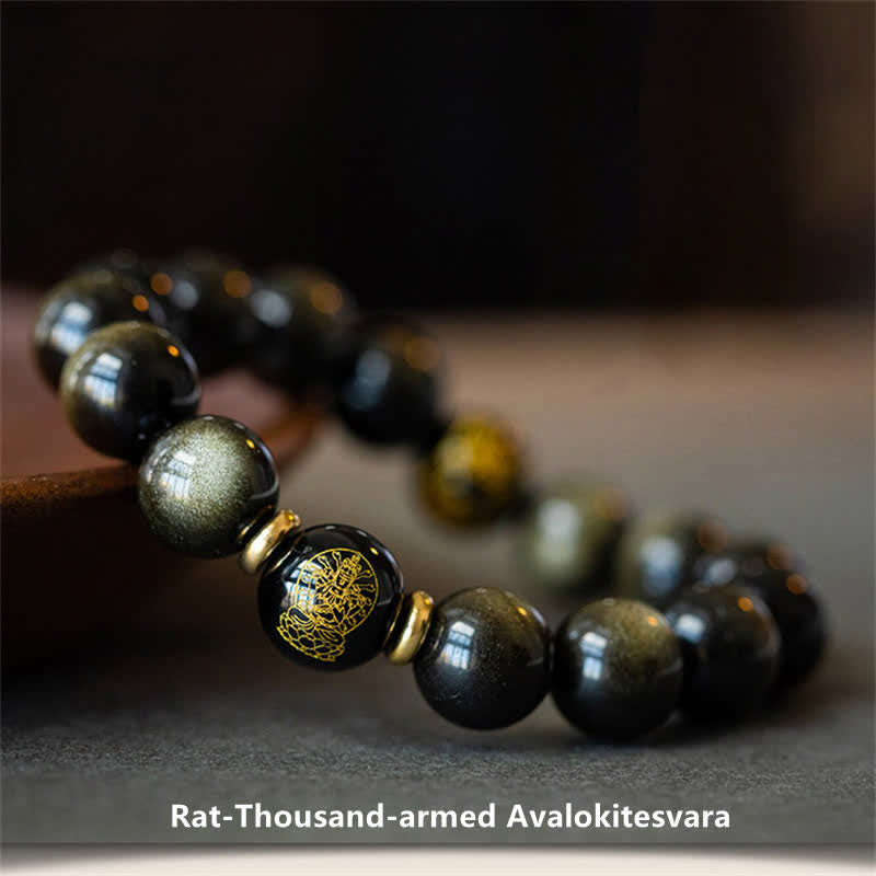 Chinese Zodiac Natal Buddha Gold Sheen Obsidian Wealth Protection Bracelet