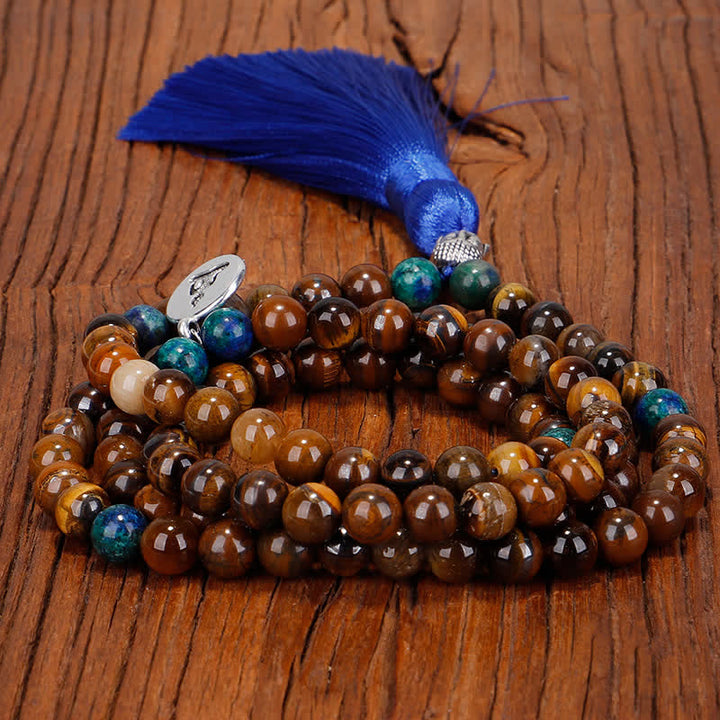 Buddha Stones 108 Mala Beads Tiger Eye Buddha Strength Bracelet Tassel Necklace Pendant