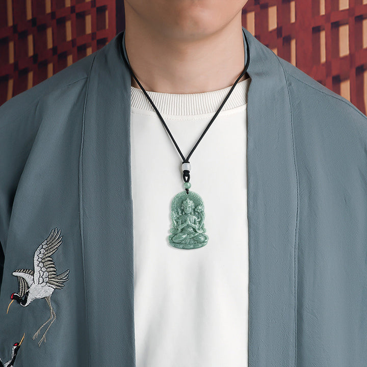 Four-armed Avalokitesvara Natural Jade Amulet Blessing String Necklace