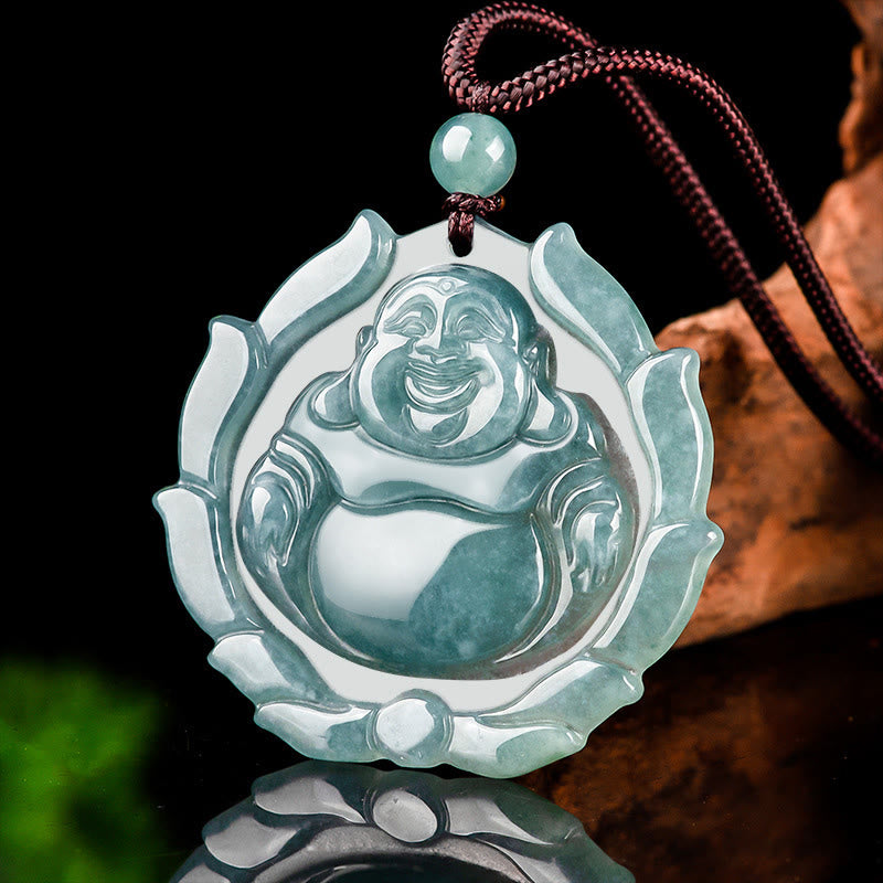 Buddha Stones Natural Jade Laughing Buddha Lotus Pattern Luck Necklace Pendant