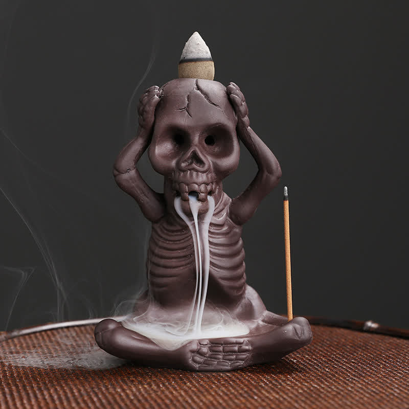 Buddha Stones Little Skull Ghost Purple Clay Backflow Smoke Fountain Peace Incense Burner Decoration