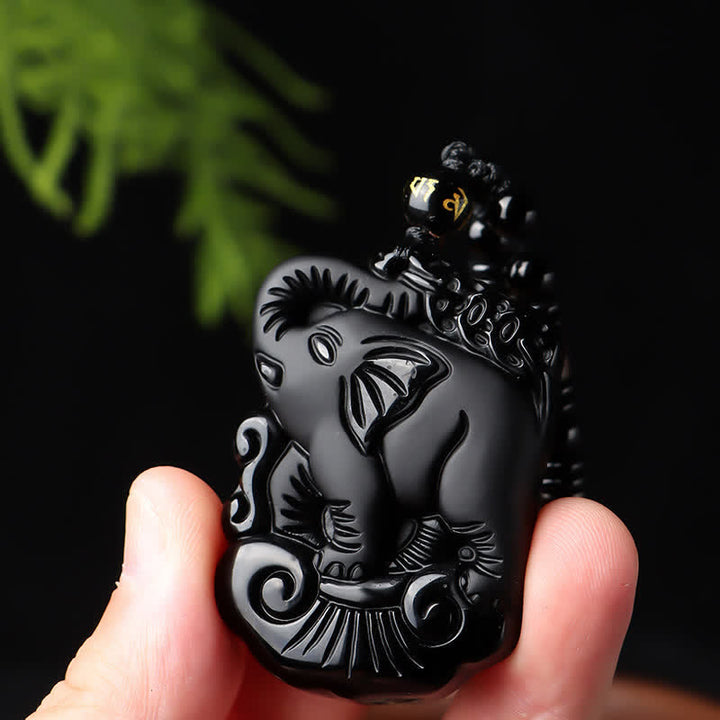 Black Obsidian Elephant Protection String Necklace Pendant Key Chain