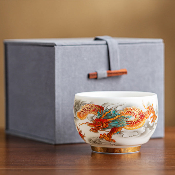 Buddha Stones Dragon Phoenix Auspicious Clouds Ceramic Teacup Kung Fu Tea Cup With Gift Box