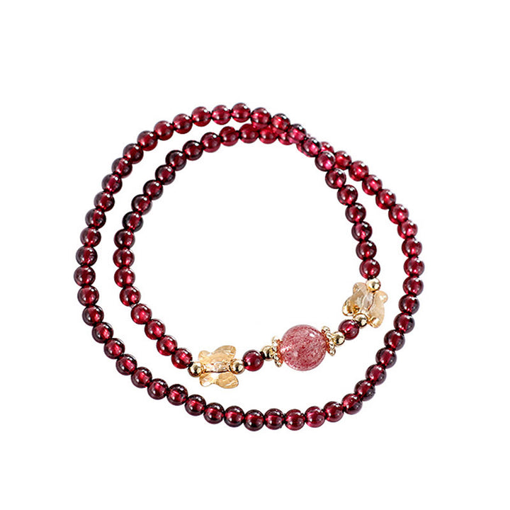 Buddha Stones 14K Gold Plated Natural Garnet Strawberry Quartz Butterfly Protection Double Wrap Bracelet