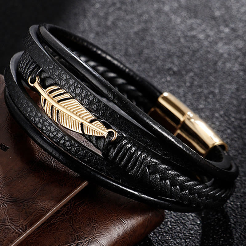 Buddha Stones Feather Pattern Multilayer Leather Titanium Steel Calm Braided Magnetic Buckle Bracelet