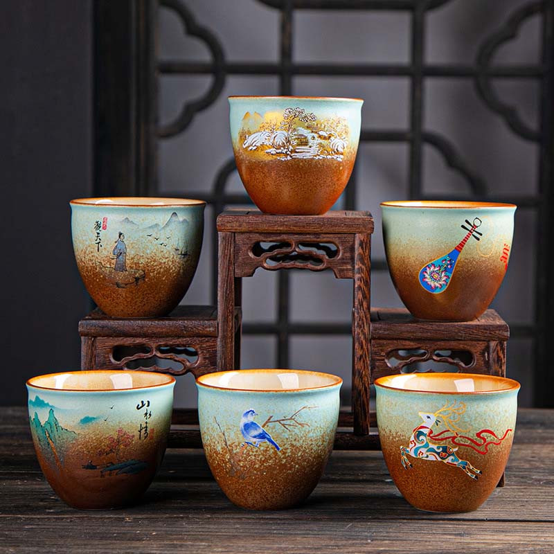 Buddha Stones Colorful Deer Pipa Snow Plum Blossoms Mountains Rivers Bird Ceramic Teacup Kung Fu Tea Cup Bowl