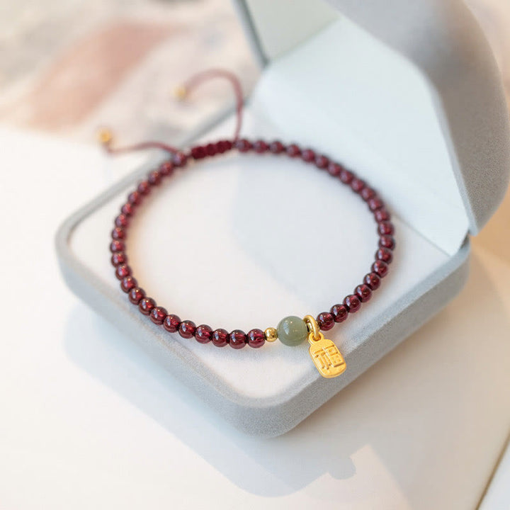 Buddha Stones Natural Strawberry Quartz Garnet Jade Lucky Fortune Fu Character Healing Charm Bracelet