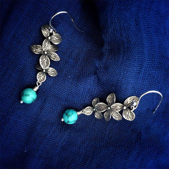 925 Sterling Silver Turquoise Lazurite Flower Leaf Serenity Protection Hook Drop Dangle Earrings