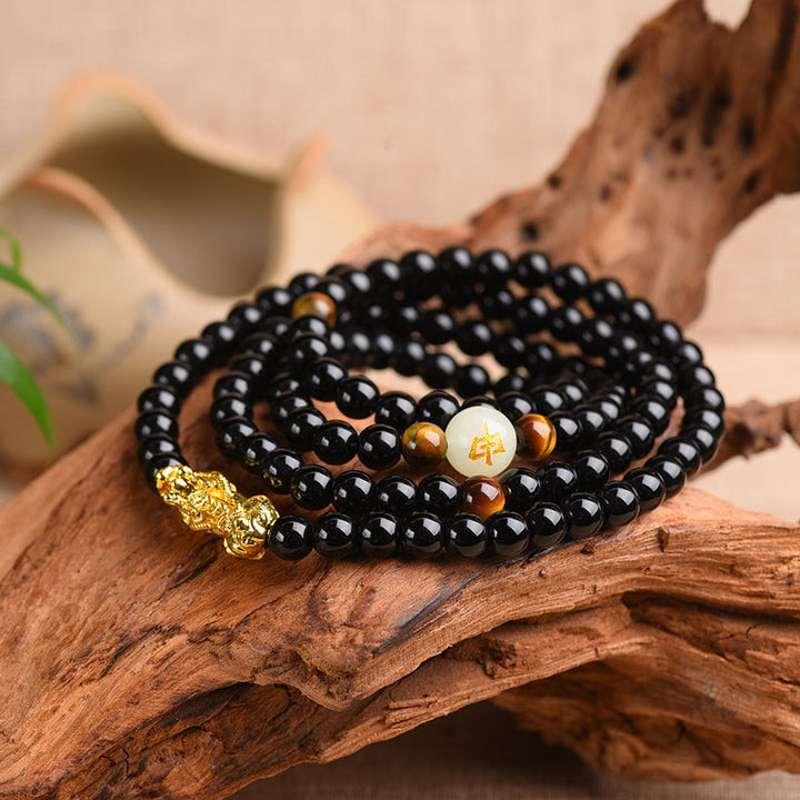 Chinese Zodiac Obsidian PiXiu Protection Mala Bracelet