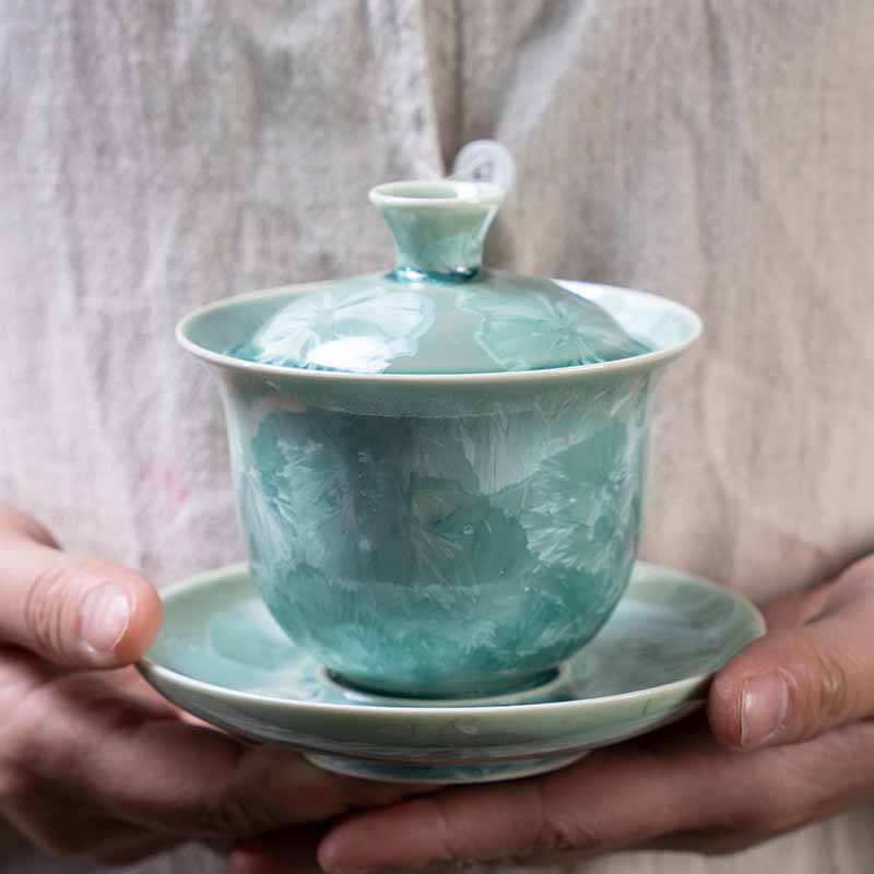 Buddha Stones Traditional Glaze Ceramic Gaiwan Sancai Teacup Kung Fu Tea Cup And Saucer With Lid 180ml