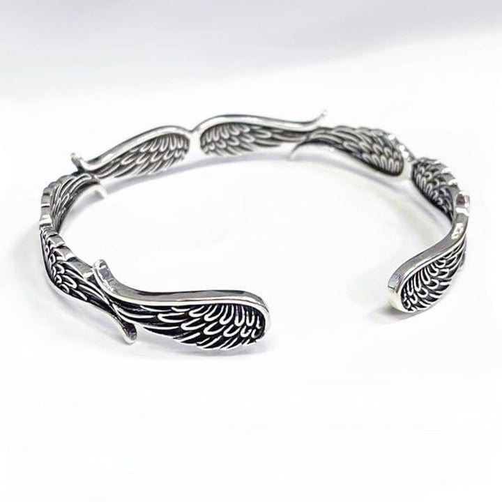 Buddha Stones Angel Wings Feather Pattern Carved Luck Cuff Bracelet Bangle