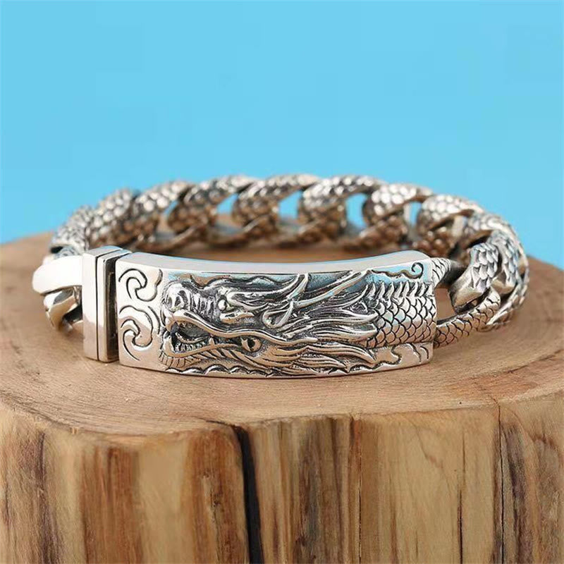 Buddha Stones Retro Dragon Scale Pattern Engraved Protection Bracelet