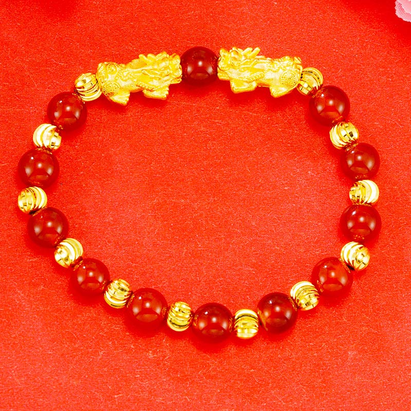 Buddha Stones Electroplating Golden Double Pixiu Wealth Bracelet