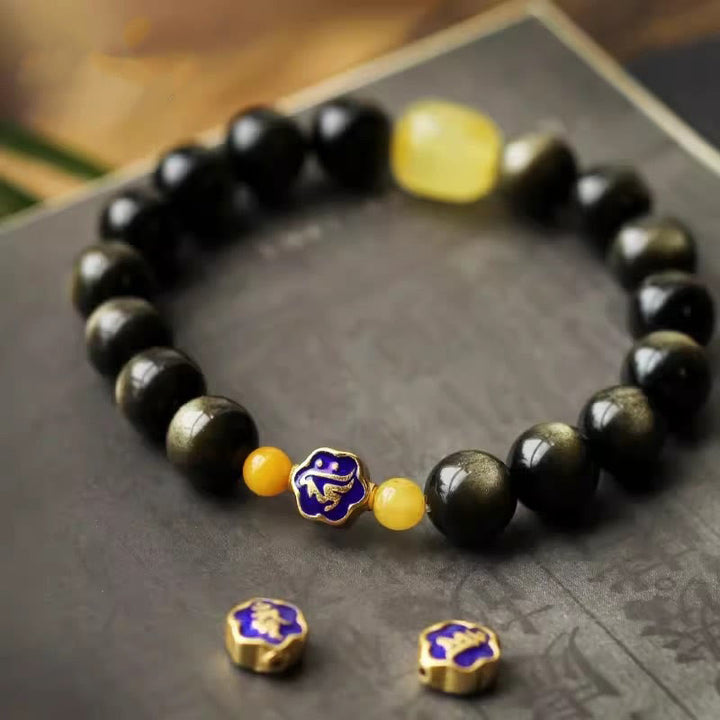 Buddha Stones 925 Sterling Silver Chinese Zodiac Natal Buddha Natural Gold Sheen Obsidian Amber Wealth Protection Bracelet